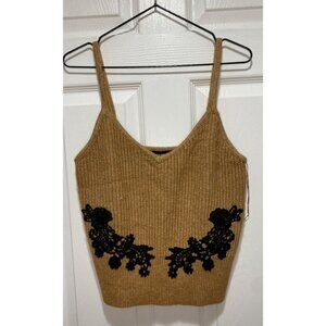 Express Y2K Women's Medium Camel Knit Cropped Tank Top Black Floral Embroidery